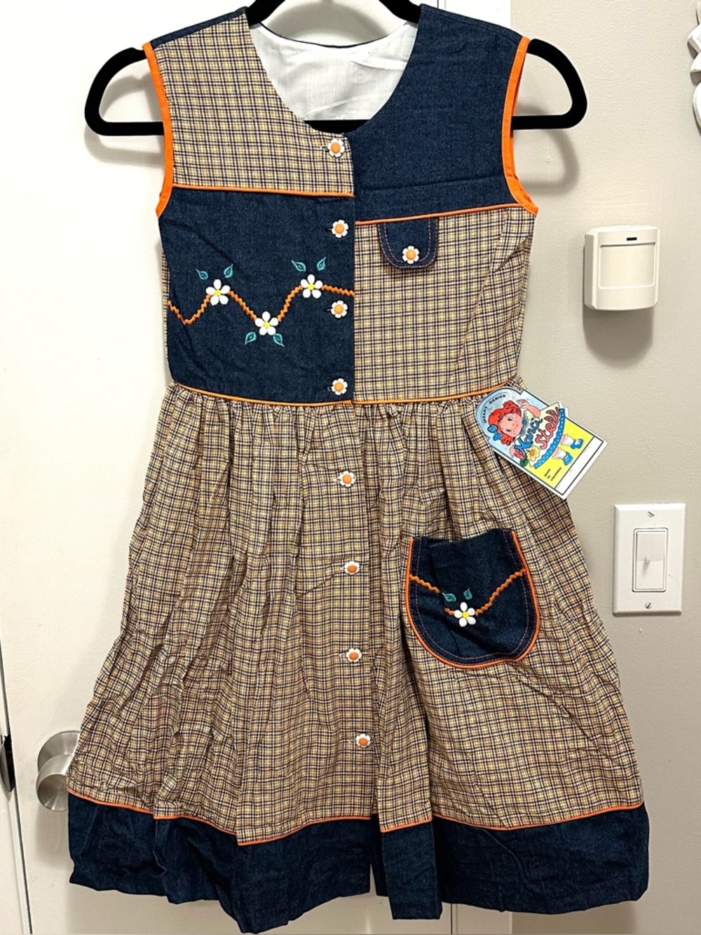 Vintage Narci Stell Sleeveless Patchwork Plaid Denim Flower Dress Girl 10 orange